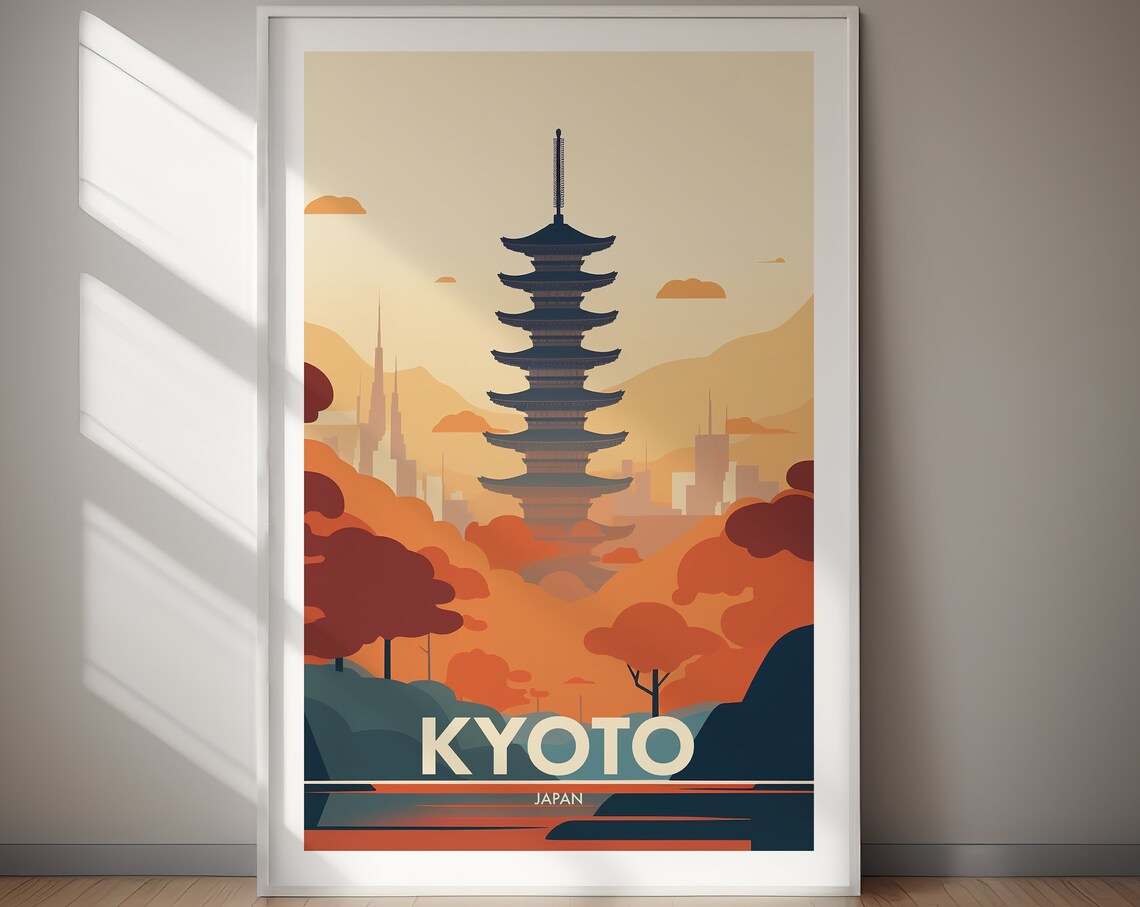 Kyoto Japan Five Story Pagoda Autumn Hills Vintage Travel Poster