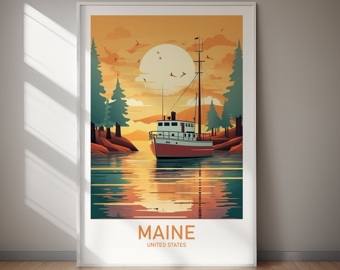 Maine Fishing Boat Sunset Harbor Pines Vintage Coastal Poster
