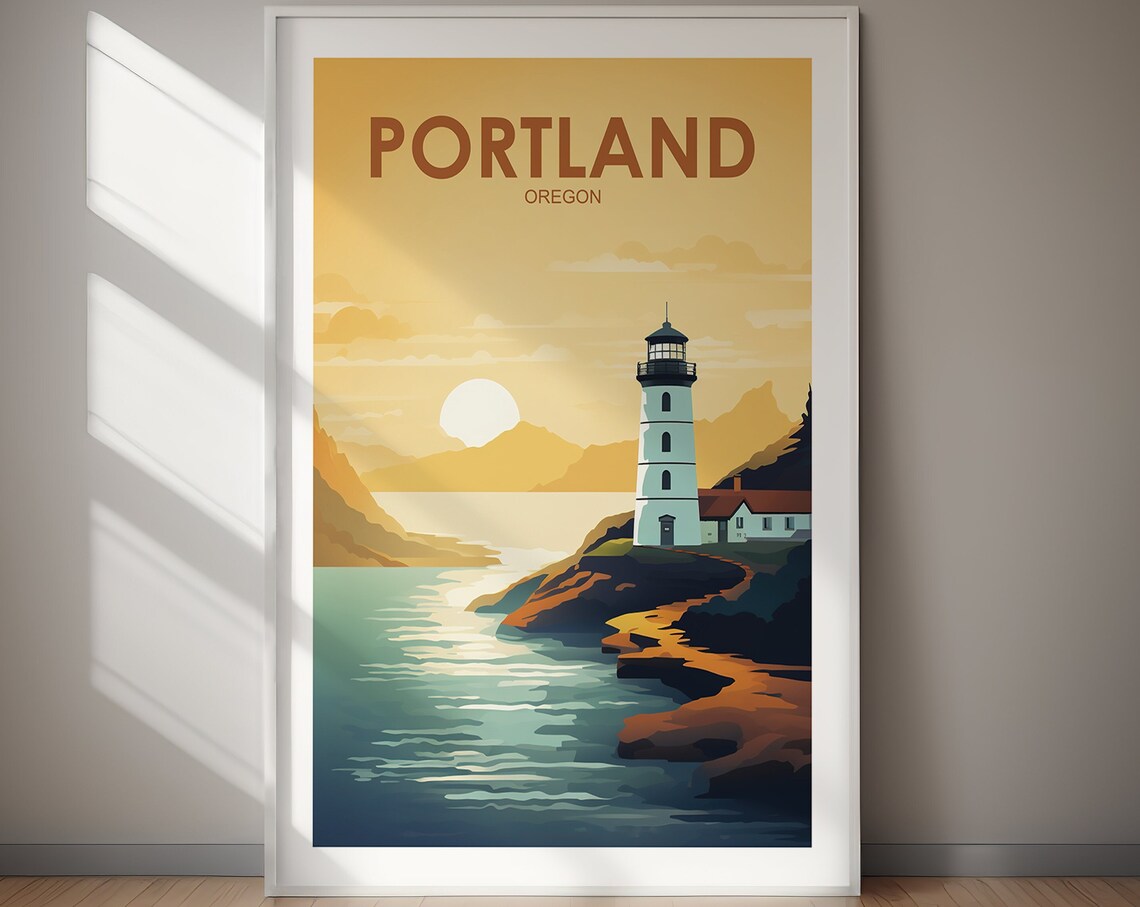 Portland Oregon Lighthouse Rocky Coast Retro Travel Poster Artwork