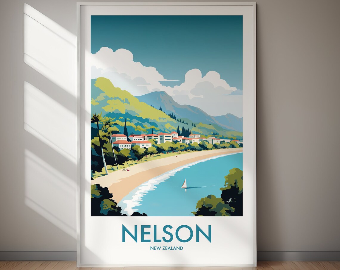 Nelson New Zealand Sandy Bay Sailboat Coast Vintage Travel Poster