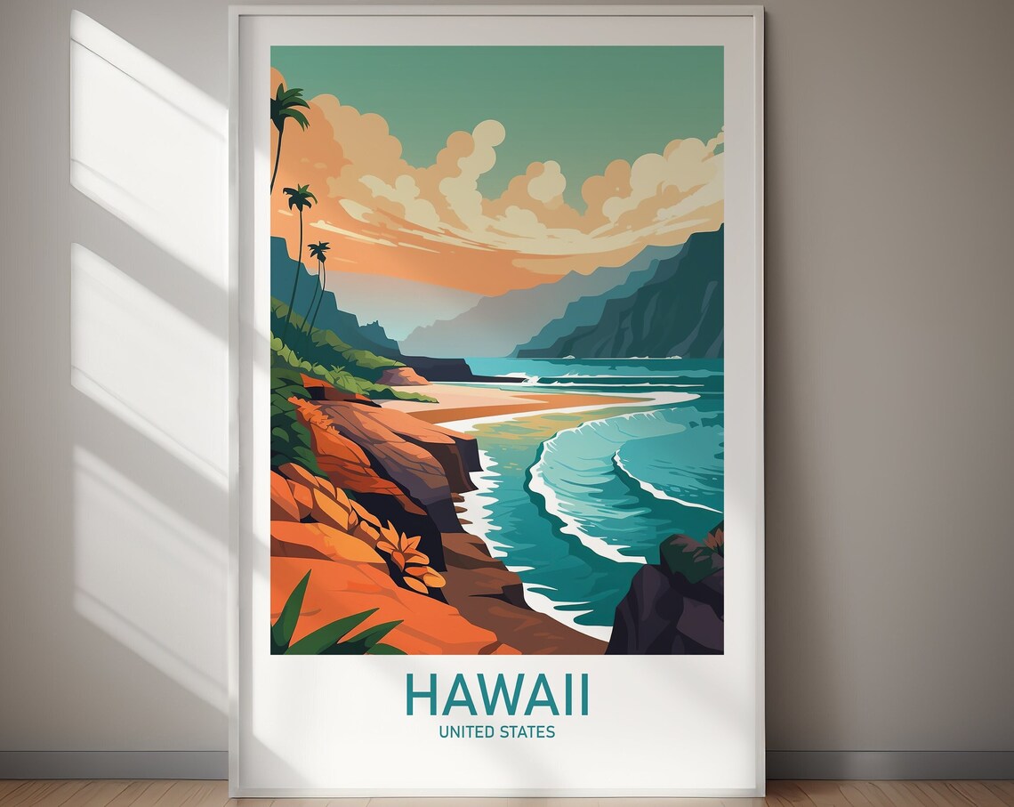 Hawaii Tropical Island Coastline Waves Vintage Travel Poster