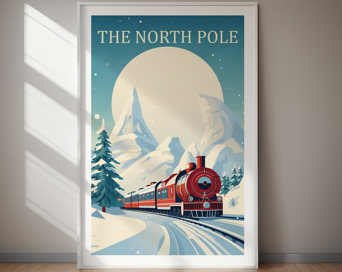 The North Pole Red Steam Train Snowy Mountains Moon Winter Poster