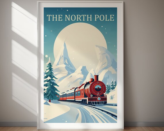 The North Pole Red Steam Train Snowy Mountains Moon Winter Poster