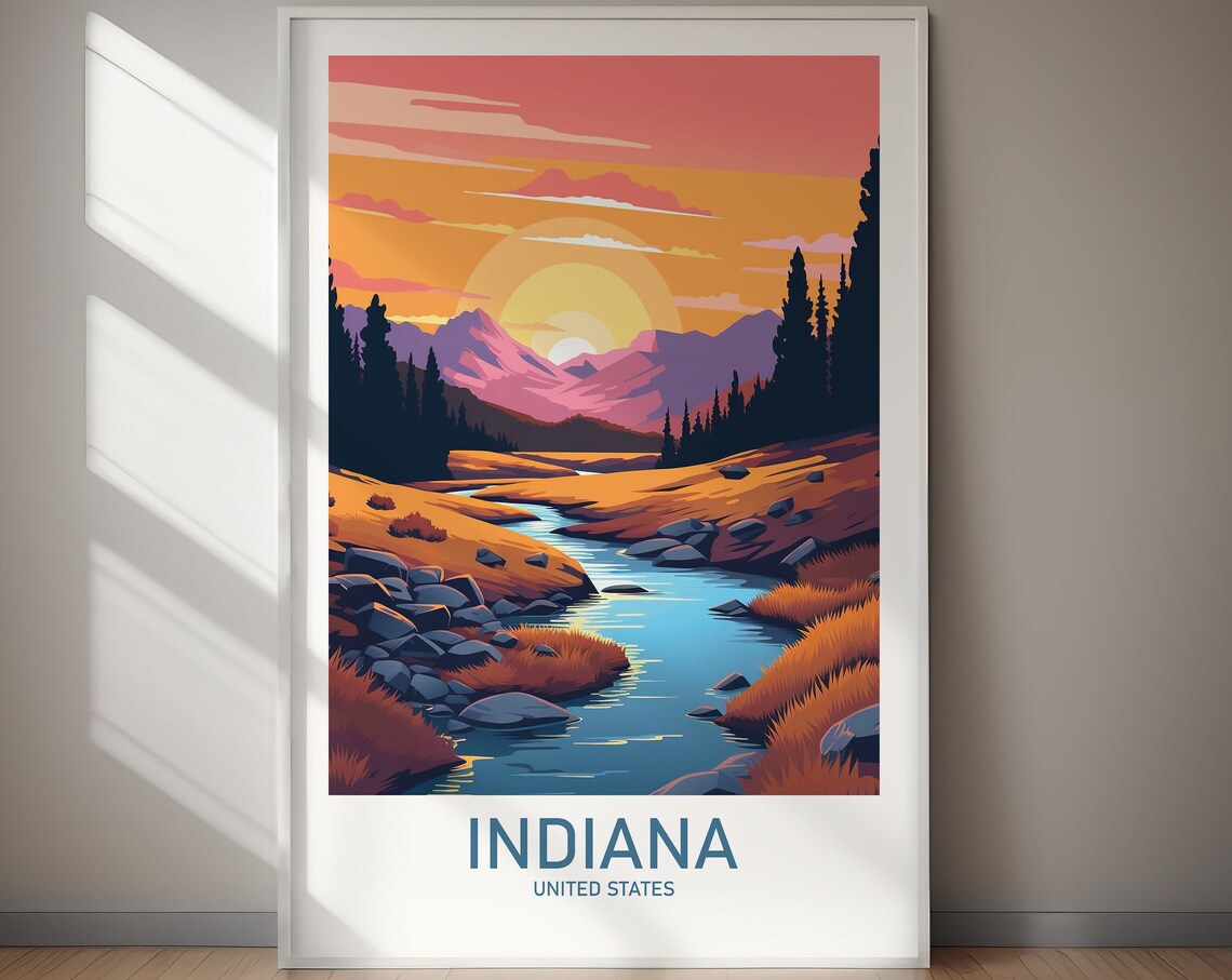 Indiana Mountain Stream Sunset Pine Valley Vintage Travel Poster