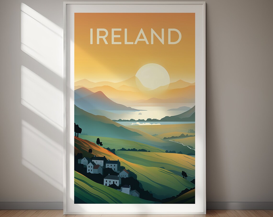Ireland Rolling Green Hills Sunset Retro Style Travel Poster
