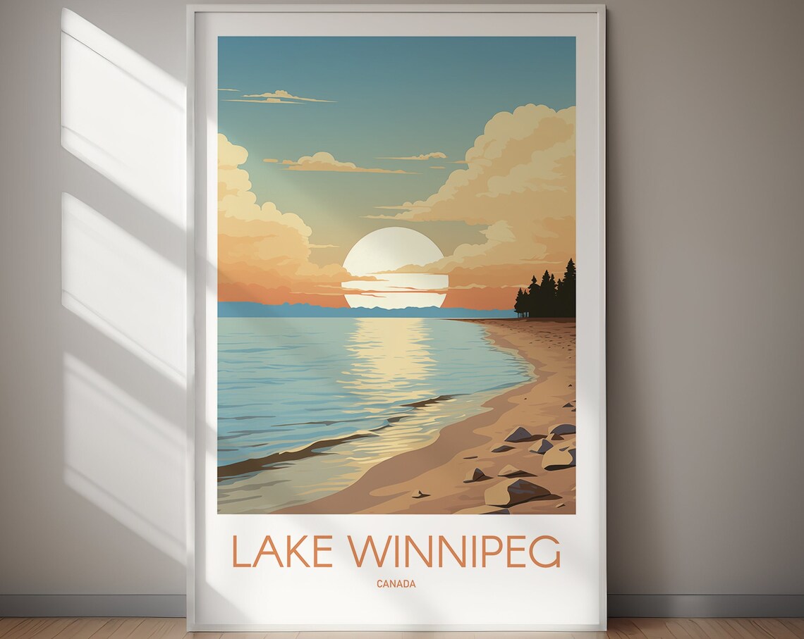 Lake Winnipeg Canada Beach Sunset Golden Sky Scene Travel Poster