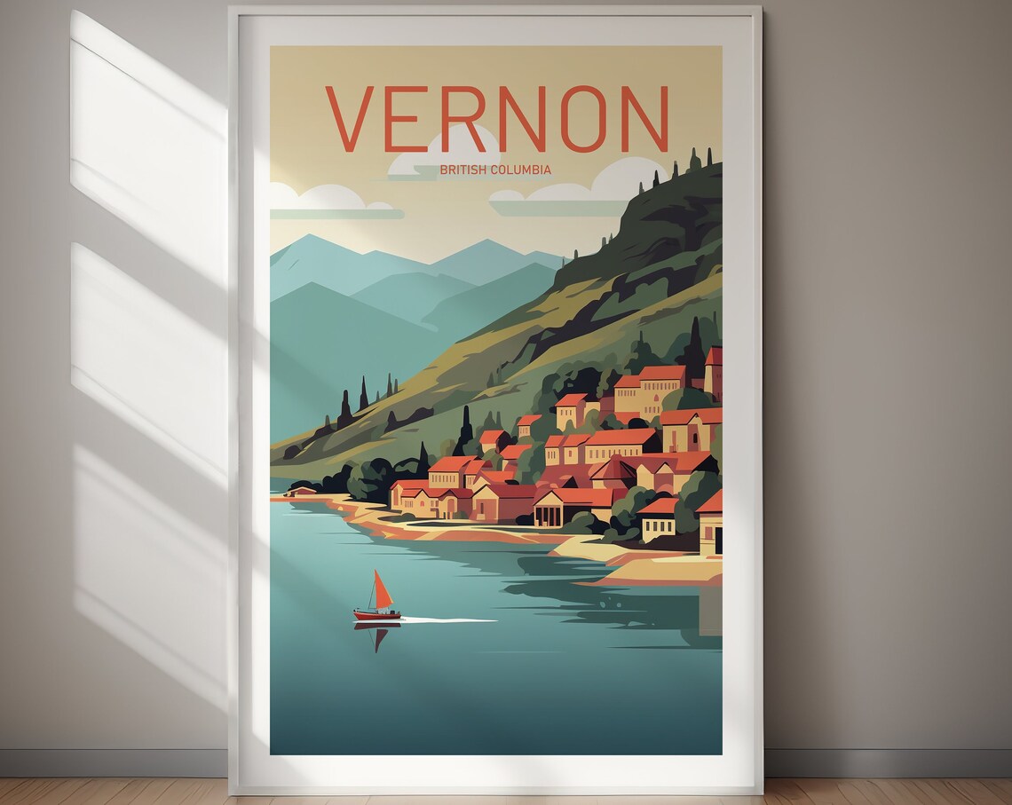 Vernon British Columbia Lakeside Town Sailboat Travel Poster