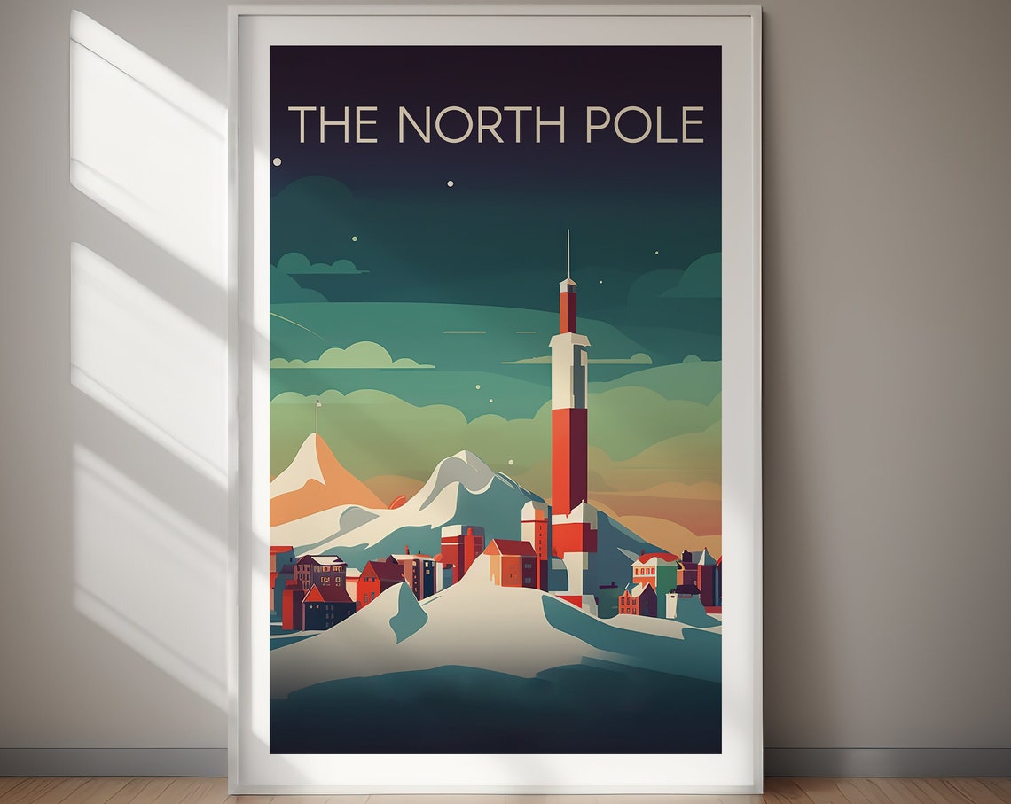The North Pole Lighthouse Harbor Town Night Snow Mountains Poster