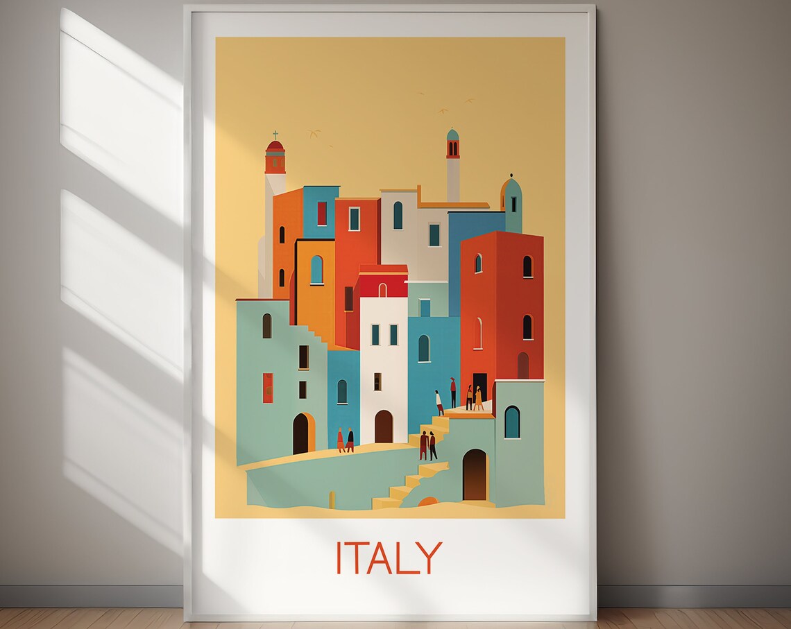 Italy Vintage Coastal Village Geometric Retro Travel Art Print