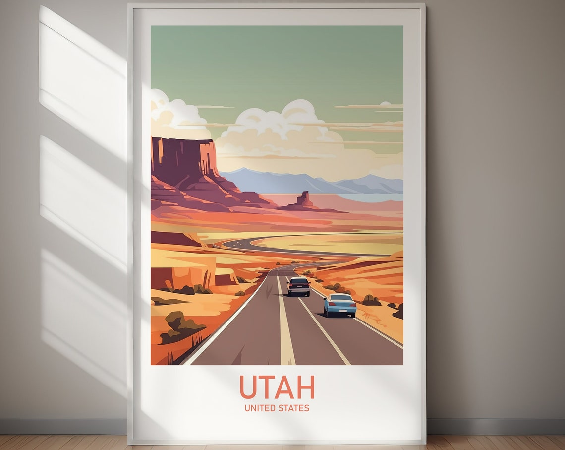 Utah Desert Highway Red Rock Buttes Vintage Road Trip Poster