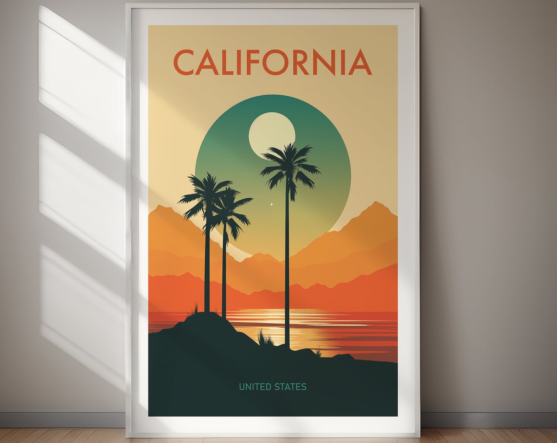 California Dreamy Coastal Palm Teal Sunset Retro Vintage Poster