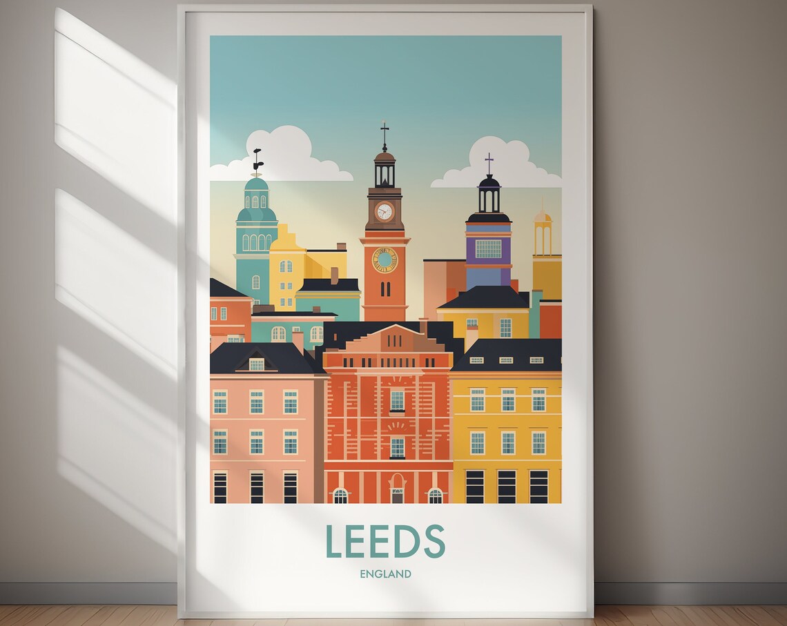 Leeds England Minimalist White Skyline Cityscape Travel Poster