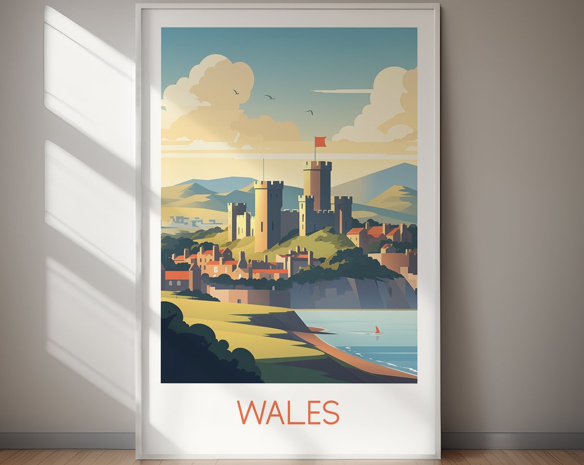 Wales Hilltop Castle Seaside Town Scenic Vintage Travel Poster - Image 2