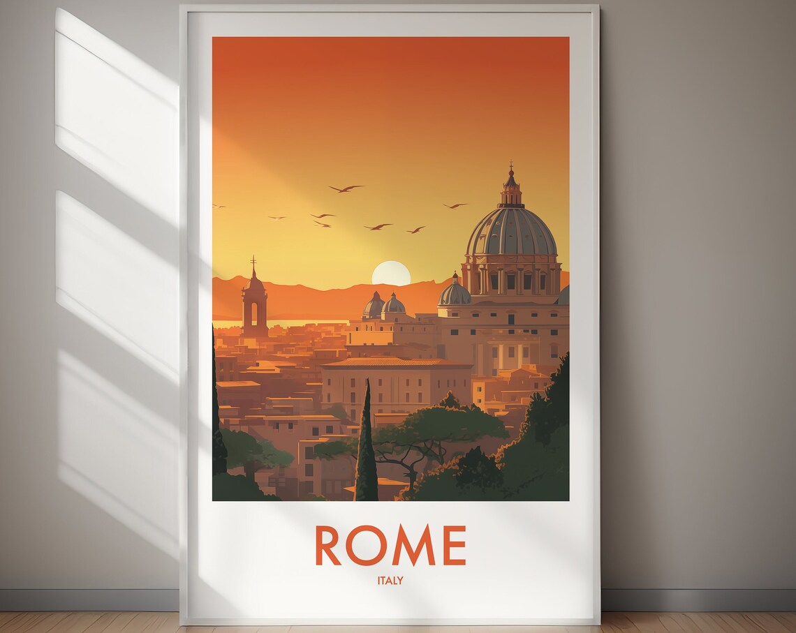 Rome Italy Golden Sunset Skyline Dome Birds Cypress Trees Poster