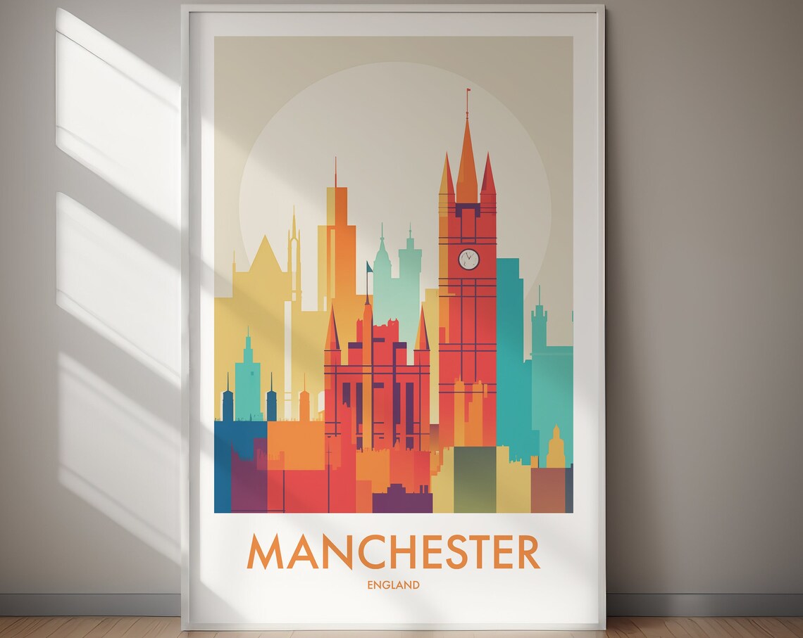 Manchester England Minimalist White Sunset Skyline City Travel Poster