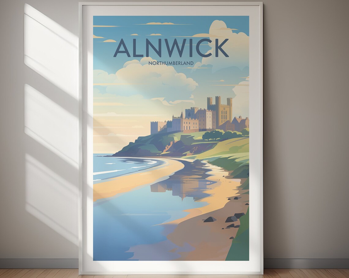 Alnwick Northumberland Vintage Castle Cliff Beach Travel Poster