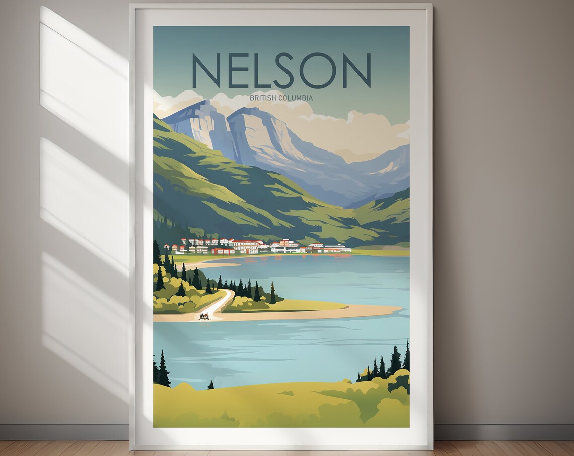 Nelson British Columbia Lakeside Mountain Town Travel Poster