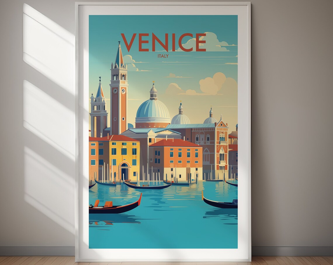 Venice Italy Red Title Gondola Canal Waterfront Scenic Poster