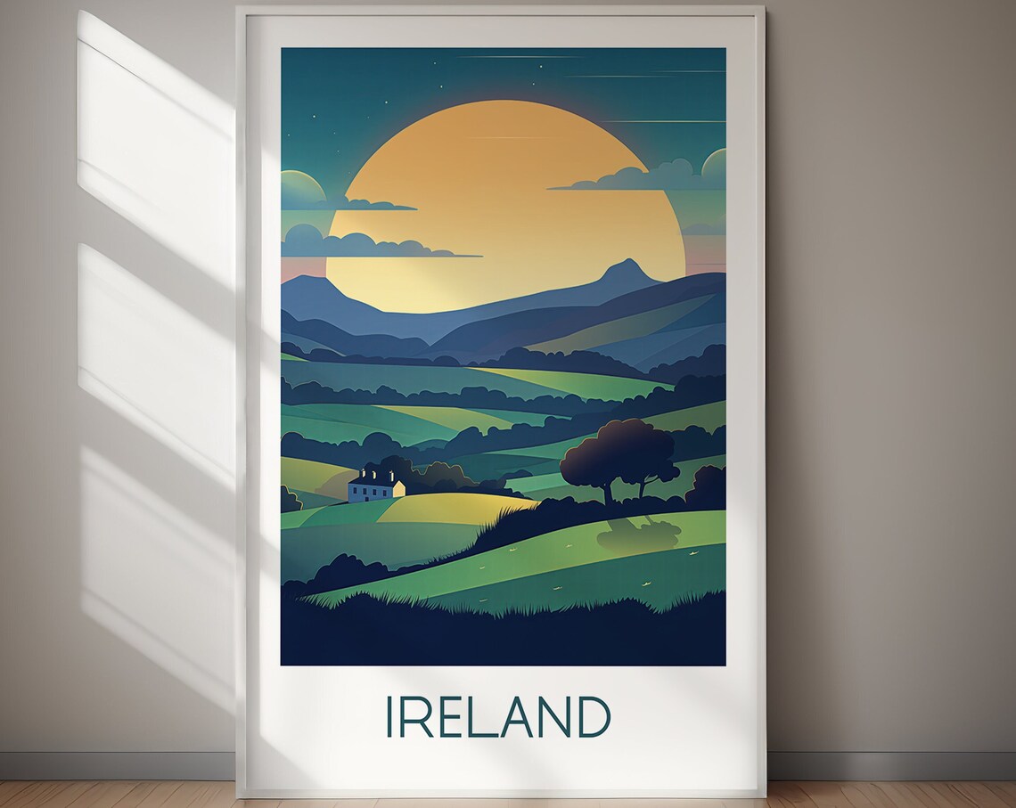 Ireland Rolling Green Hills Cottage Golden Sunset Travel Poster