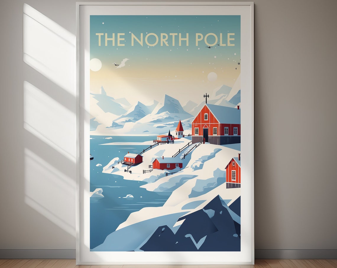 The North Pole Arctic Snowy Red Cabin Village Christmas Poster
