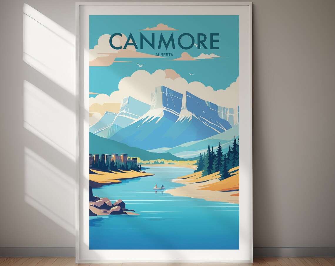 Canmore Alberta Rocky Mountain River Canoe Scene Travel Poster