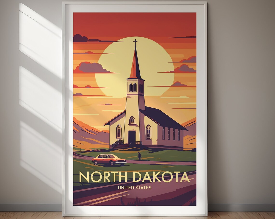 North Dakota Prairie Church Sunset Retro Vintage Travel Poster