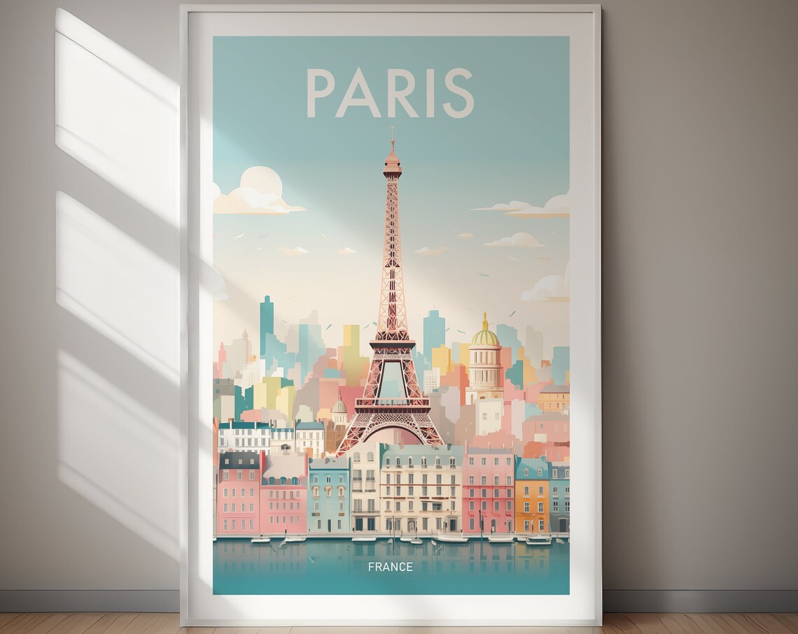 Paris France Eiffel Tower Pastel Cityscape Vintage Travel Poster
