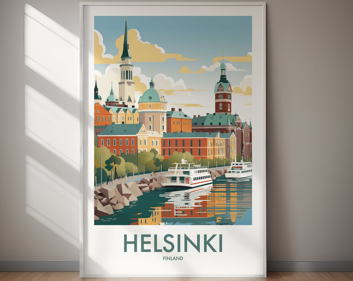 Helsinki Finland Harbor Cathedral and Ferries Vintage Travel Poster