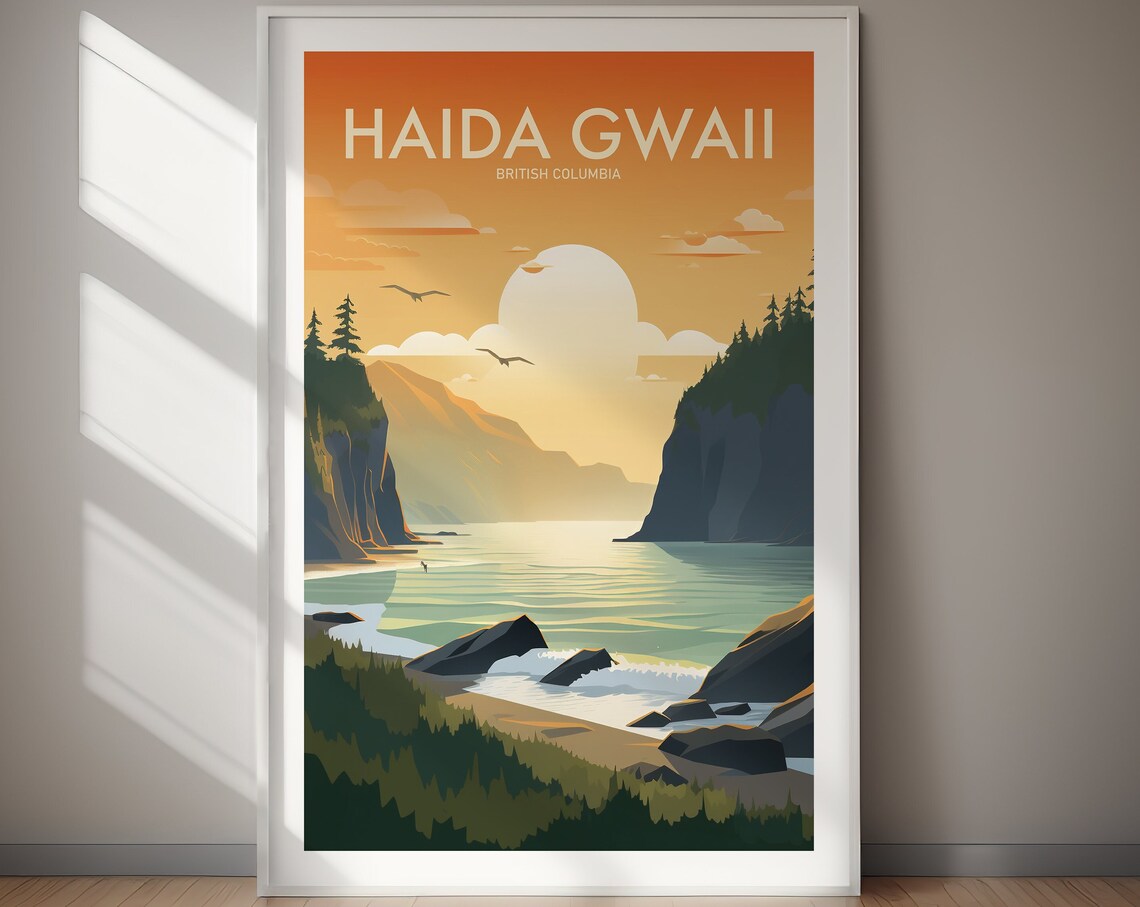 Haida Gwaii British Columbia Coastal Sunset Retro Travel Poster