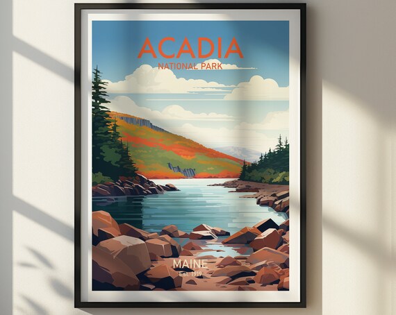Acadia National Park Maine Rocky Coast Autumn Travel Art Poster