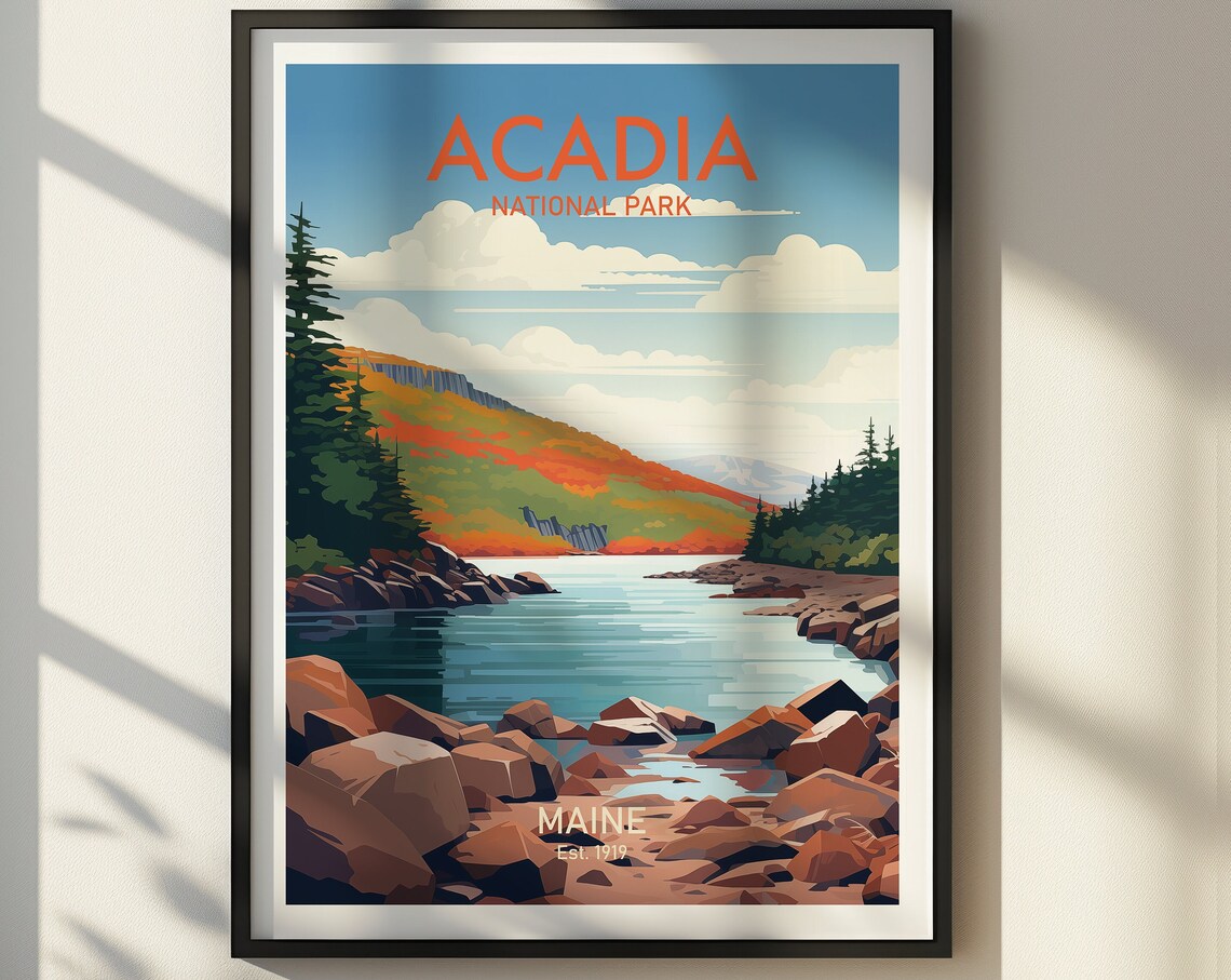 Acadia National Park Maine Rocky Coast Autumn Travel Art Poster