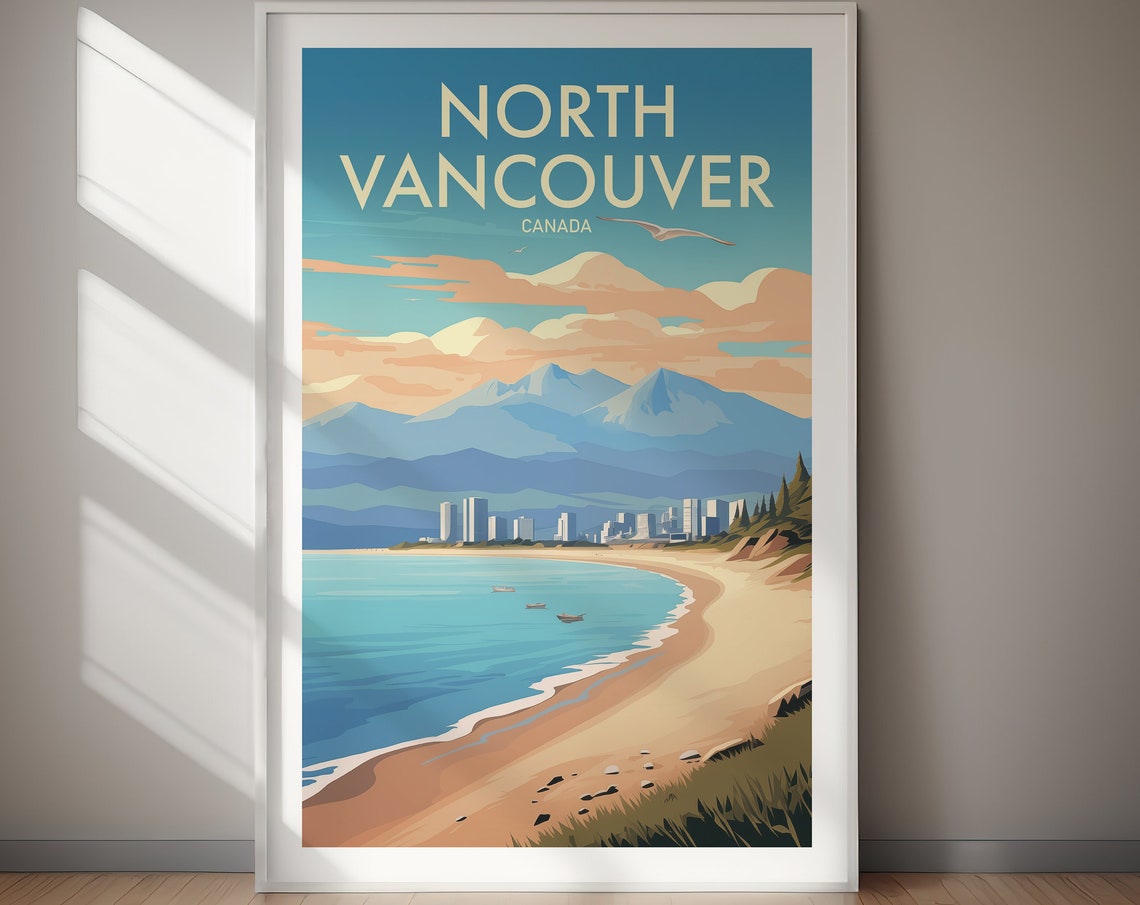 North Vancouver Canada Beach Skyline Mountains Travel Poster