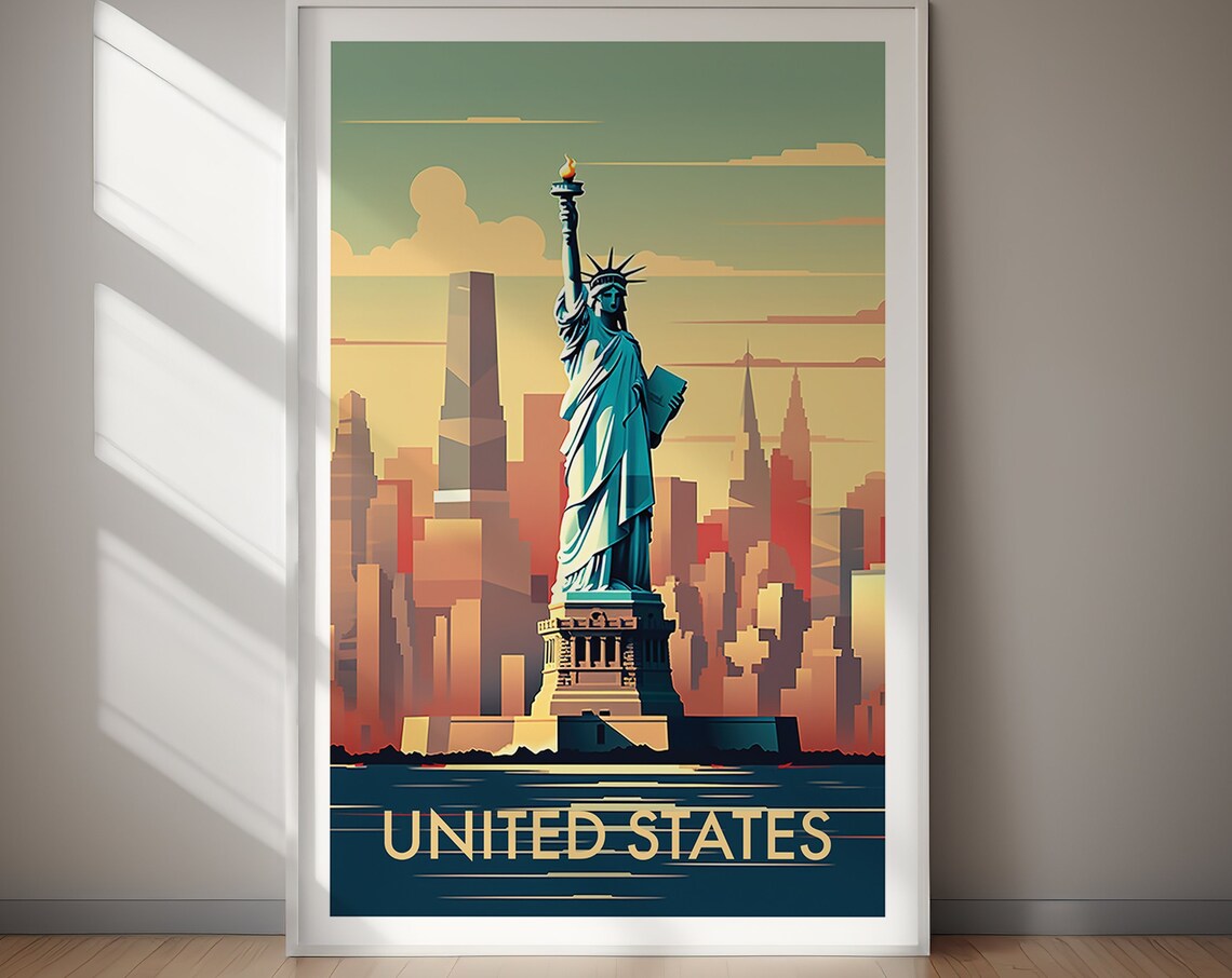 United States Statue of Liberty Retro Skyline Art Travel Poster - Image 2