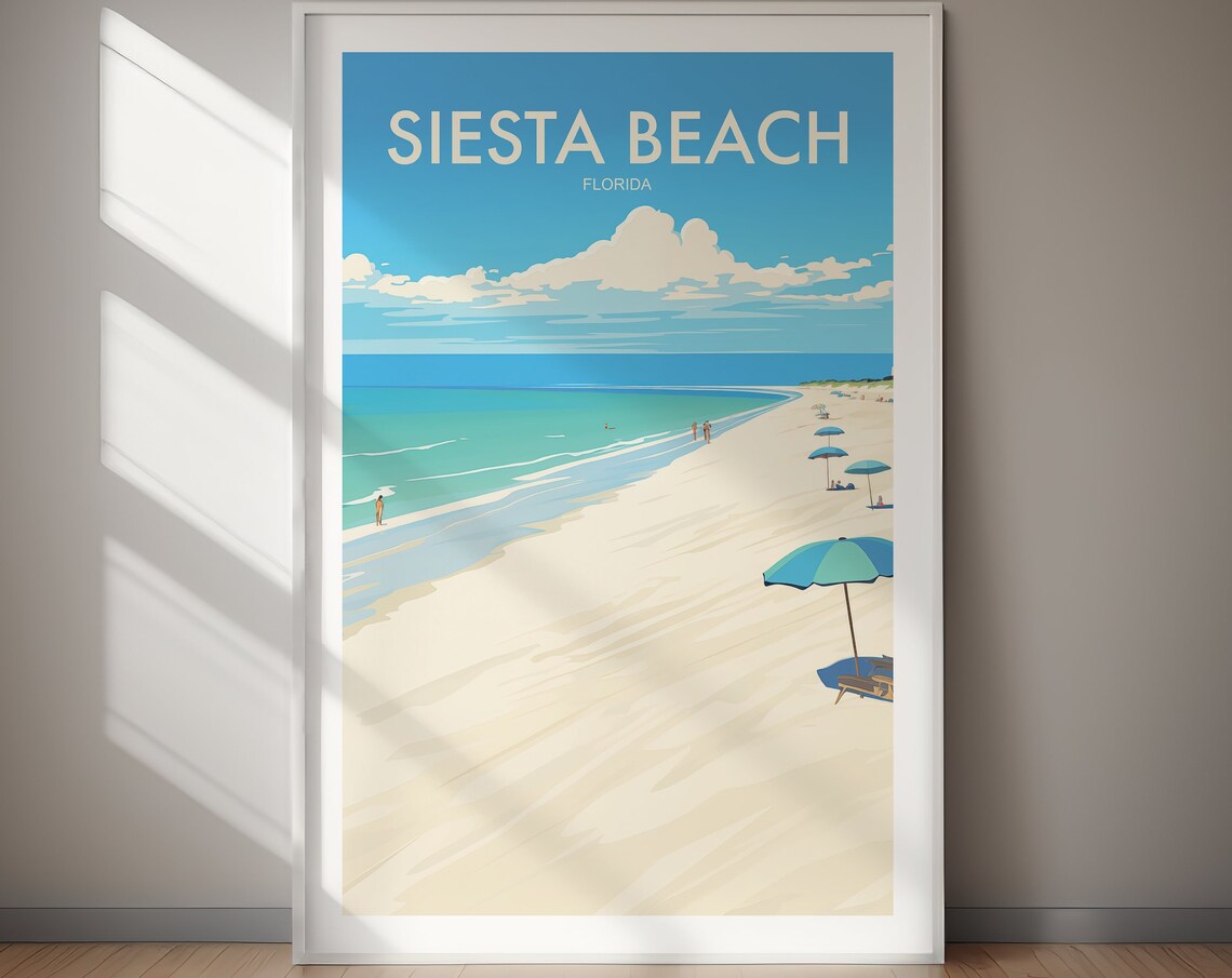 Siesta Beach Florida Tropical Shoreline Umbrellas Travel Poster