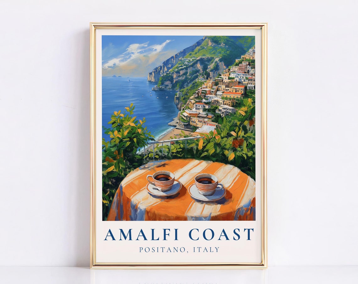 Amalfi Coast Positano Coffee Cups Seaside View Retro Travel Poster