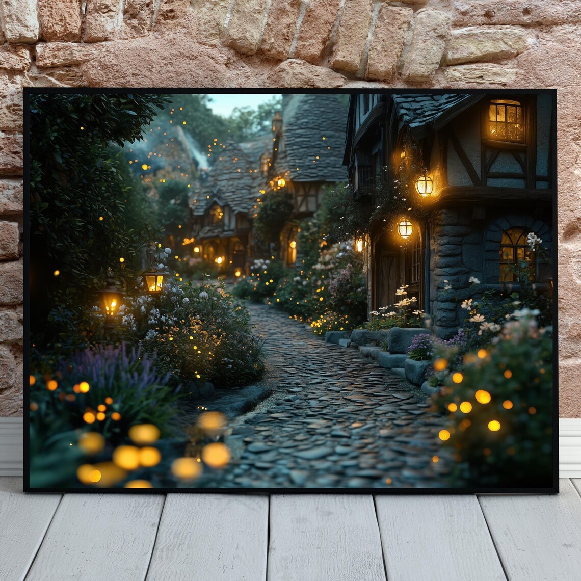 Enchanted Cottage Lane Lantern Light Cobblestone Street Night Poster