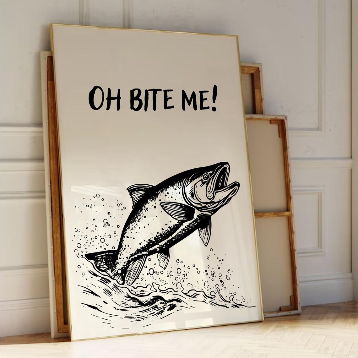 Oh Bite Me Leaping Trout Vintage Fish Illustration Funny Poster