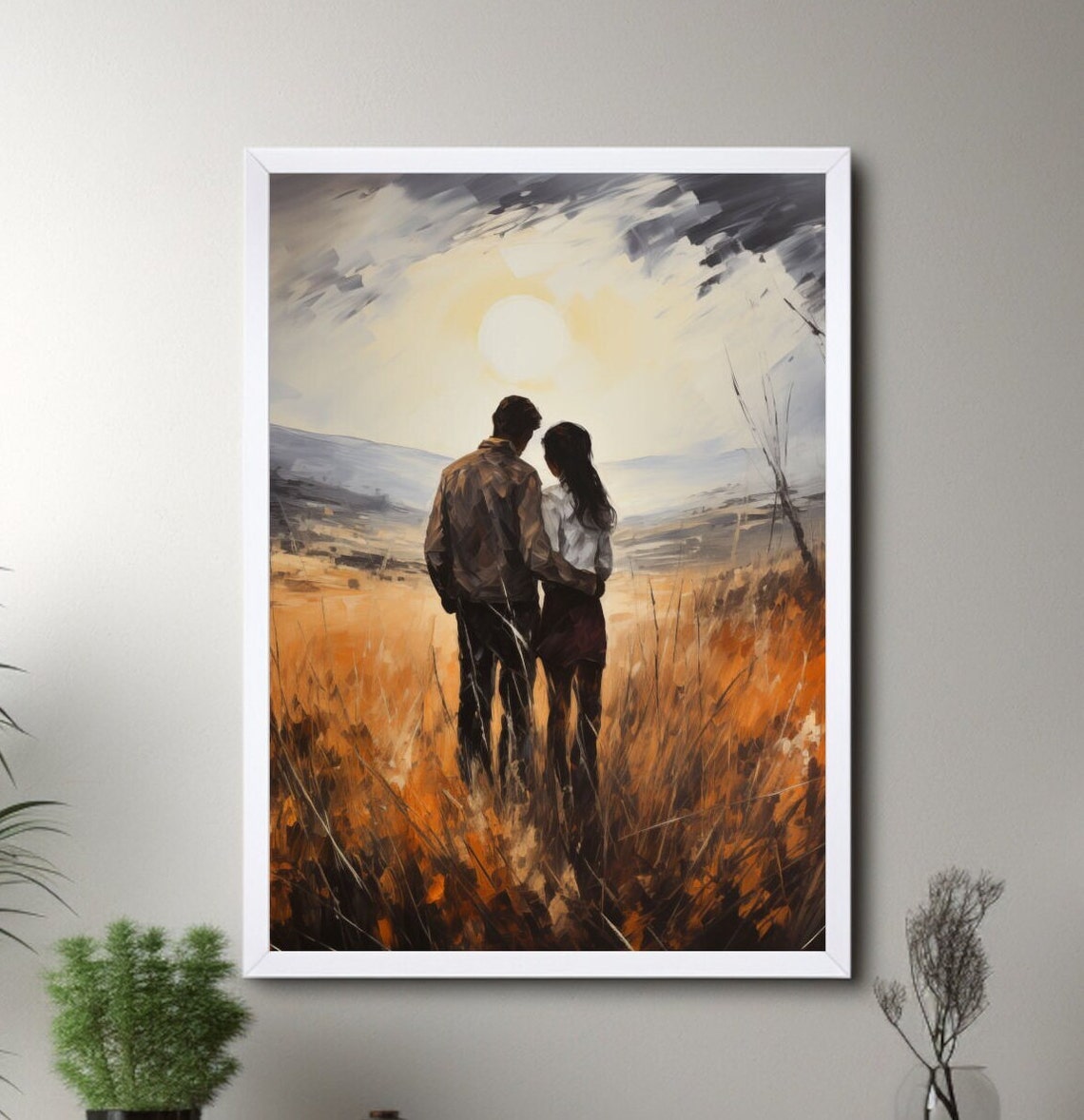 Romantic Couple Embracing in Golden Field at Sunset Art Poster