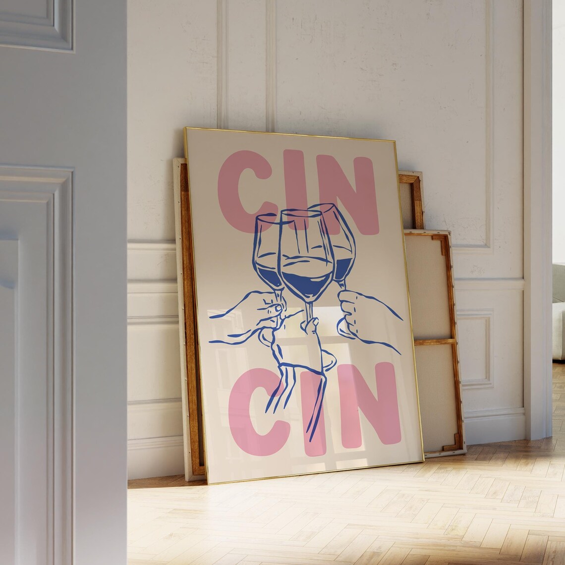 Cin Cin Pink Blue Wine Glass Cheers Bar Cart Decor Art Poster
