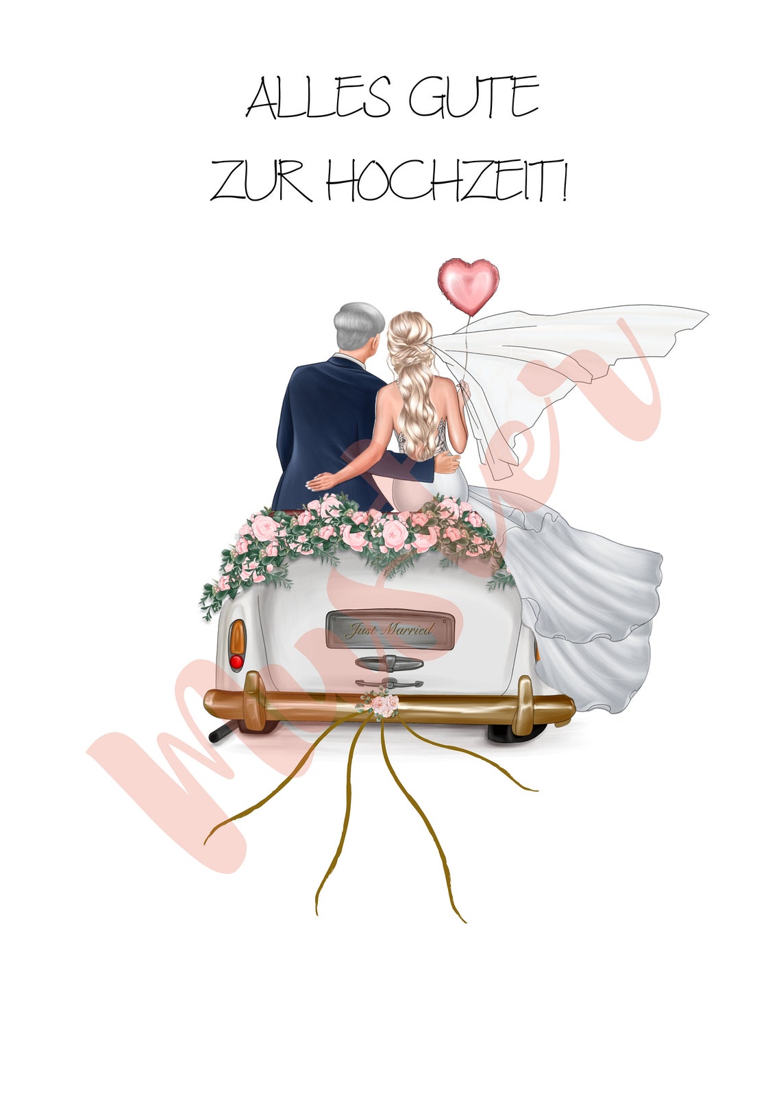 Gray Haired Groom and Blonde Bride on Floral Just Married Car Poster - Image 3