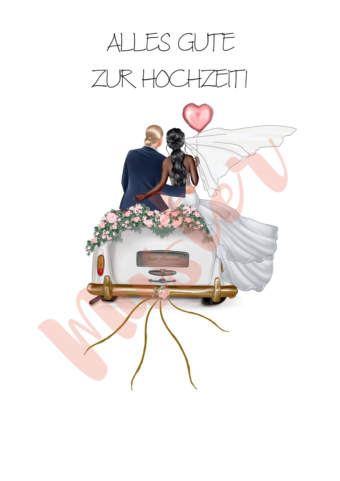 Blonde Groom and Dark Skinned Bride on White Just Married Car Poster - Image 2
