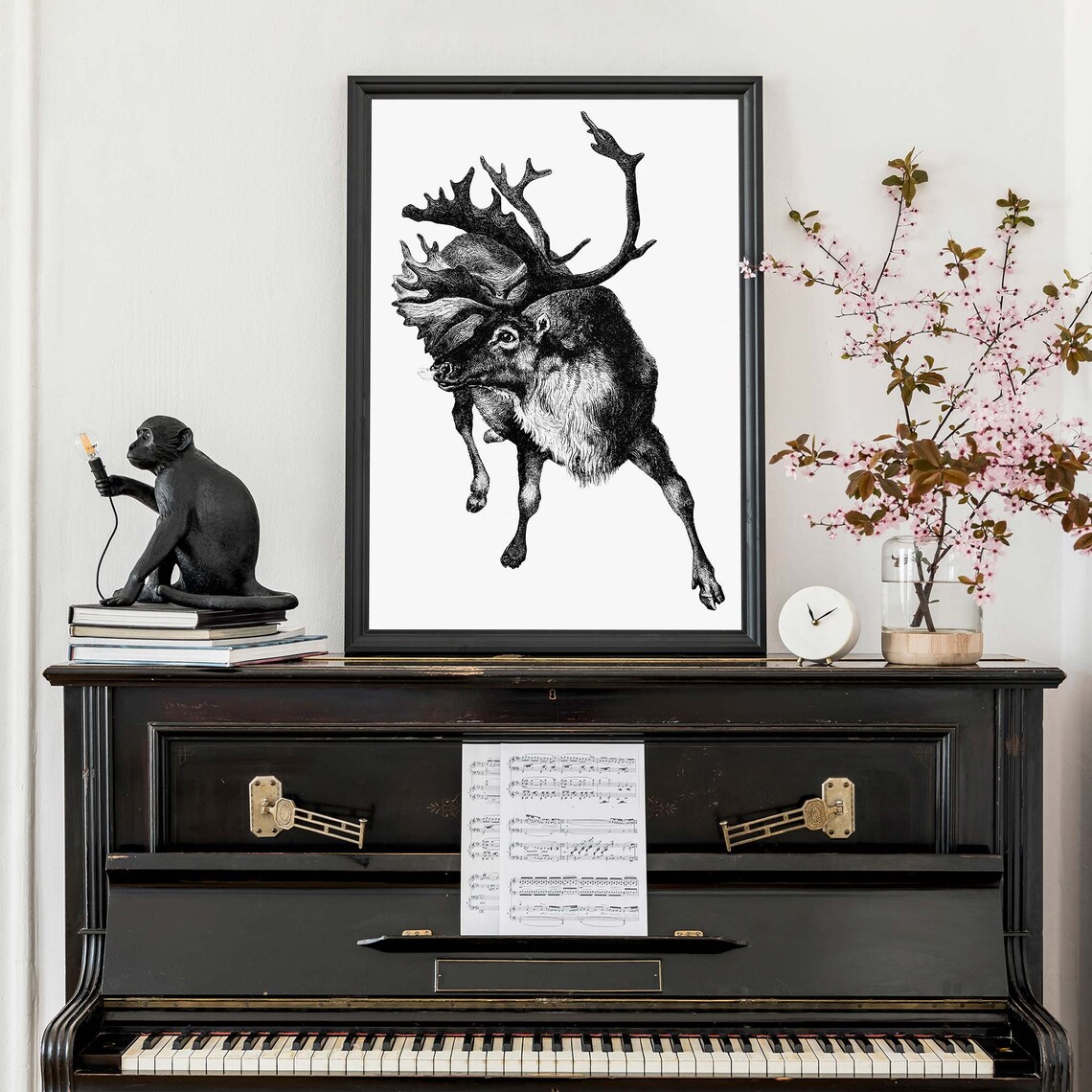 Leaping Reindeer With Large Antlers Antique Black White Engraving Poster - Image 4