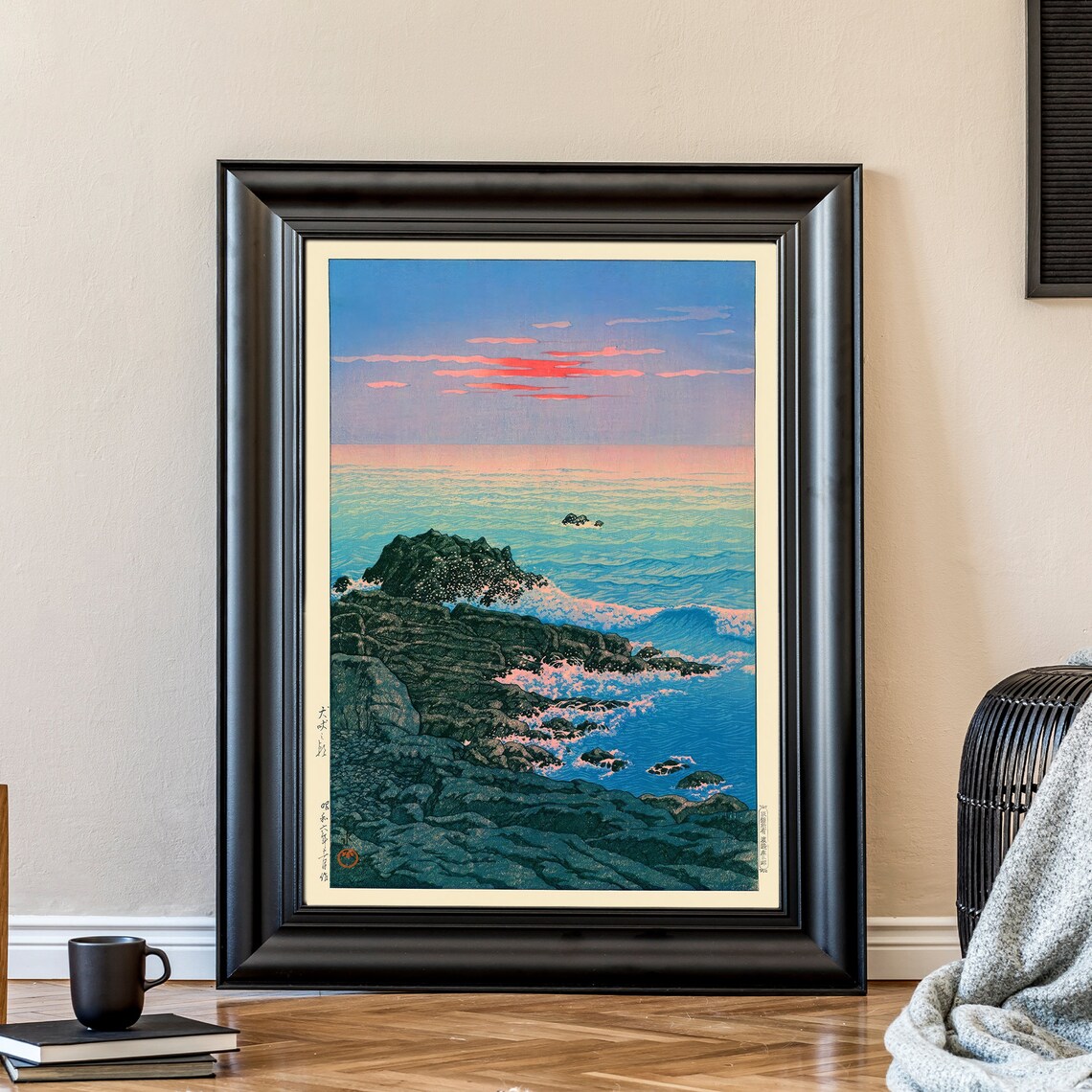 Japanese Rocky Coast Sunrise Waves Woodblock Style Ocean Poster - Image 3