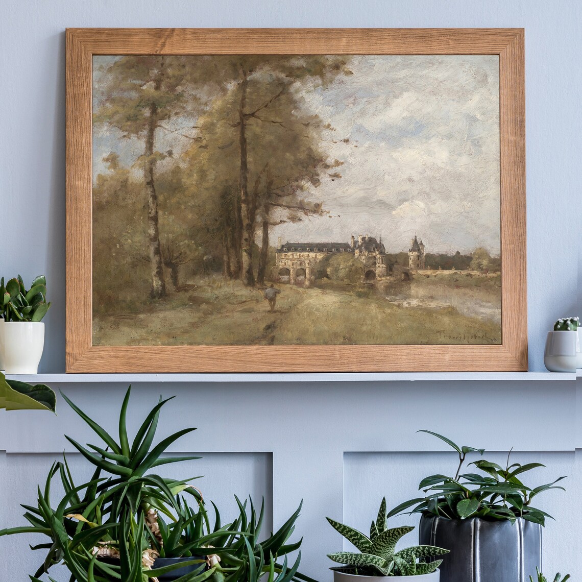 Vintage Oil Painting French Chateau Arched Bridge River Art Poster - Image 2