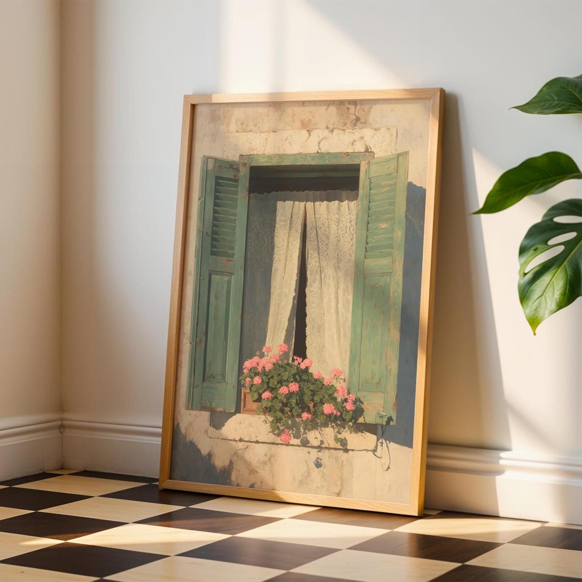Vintage Mediterranean Window Shuttered Floral Painting Wall Art