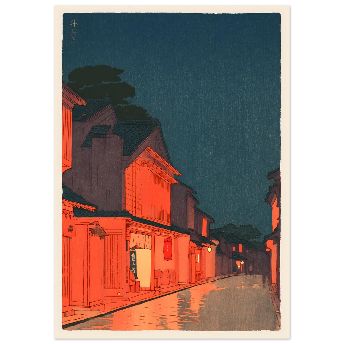Japanese Lantern Night Street Vintage Woodblock Style Poster