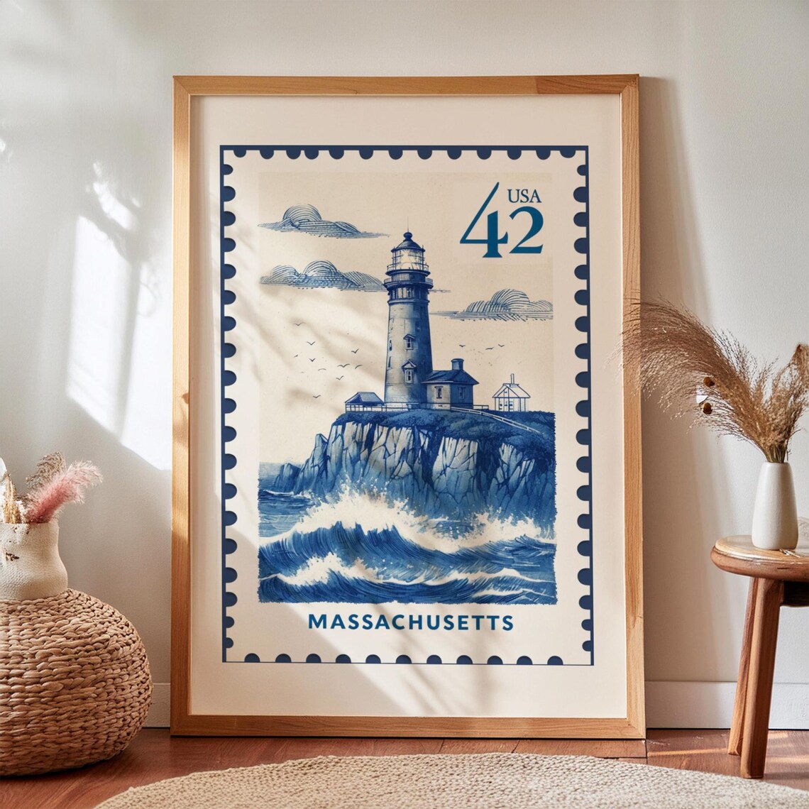 Massachusetts Lighthouse Vintage USA 42 Postage Stamp Style Art Print