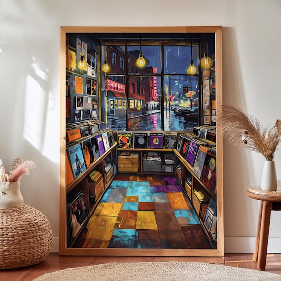 Retro Vinyl Record Store Night Scene Colorful Music Shop Poster