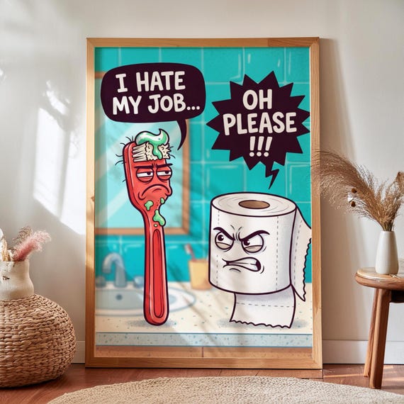 Funny Bathroom Toilet Paper Toothbrush Cartoon Poster