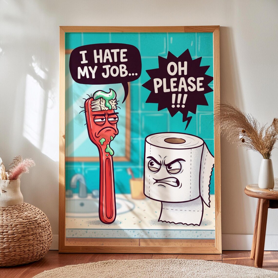 Funny Bathroom Toilet Paper Toothbrush Cartoon Poster